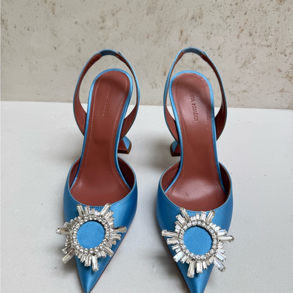 Amina Muaddi Begum Sling Blue Heels with Crystal Detail